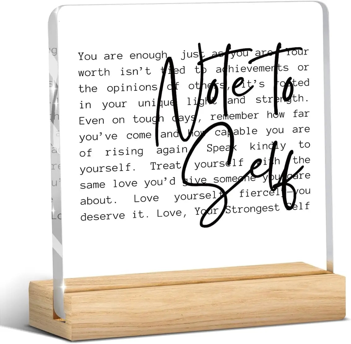 Positive Affirmation Gift - 'Note To Self' Acrylic Desk Plaque with Wood Base, Inspirational Decor for Office or Bedroom