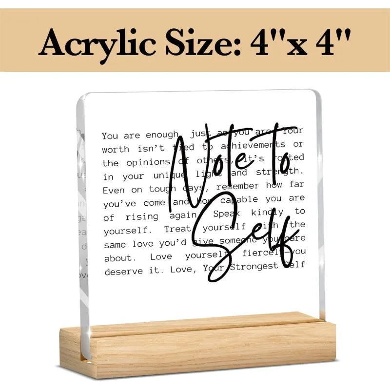 Positive Affirmation Gift - 'Note To Self' Acrylic Desk Plaque with Wood Base, Inspirational Decor for Office or Bedroom