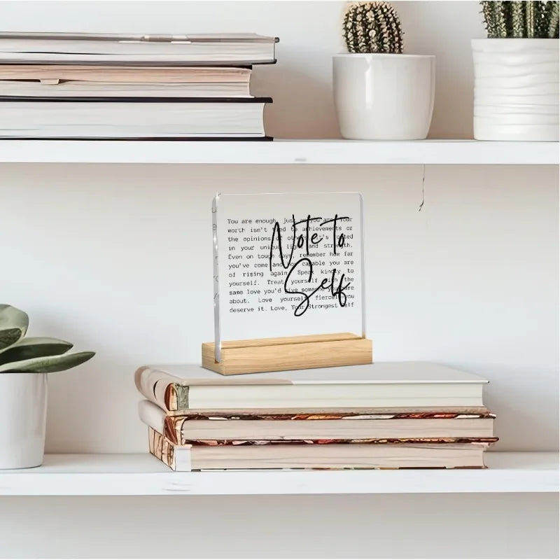 Positive Affirmation Gift - 'Note To Self' Acrylic Desk Plaque with Wood Base, Inspirational Decor for Office or Bedroom